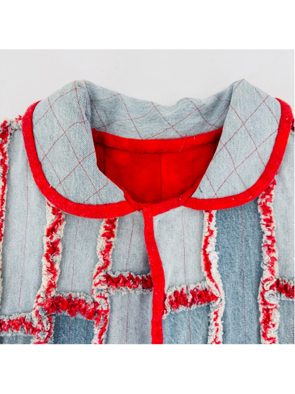 Vintage Heavy Denim Patchwork Jacket Red Lined Raw Fringe Seams Handmade READ - Picture 4 of 11